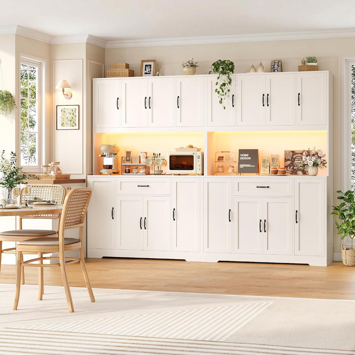 HITHOS 70" LED Kitchen Pantry Cabinet with Charging Station, 47" Wide Pantry Storage Cabinet with Large Microwave Stand, Modern Kitchen Hutch with Drawers and Cabinets for Dining Room, White