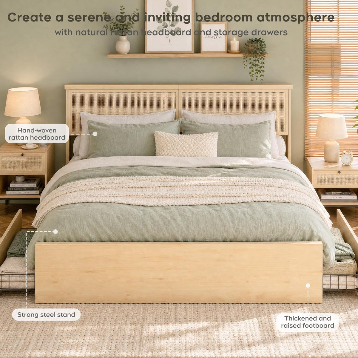Yechen Queen Bed Frame with Natural Rattan Headboard and Wooden 4 Storage Drawers, Metal Platform with Strong Wooden Slats Support, Boho Cane Bed Mattress Foundation, No Box Spring Needed