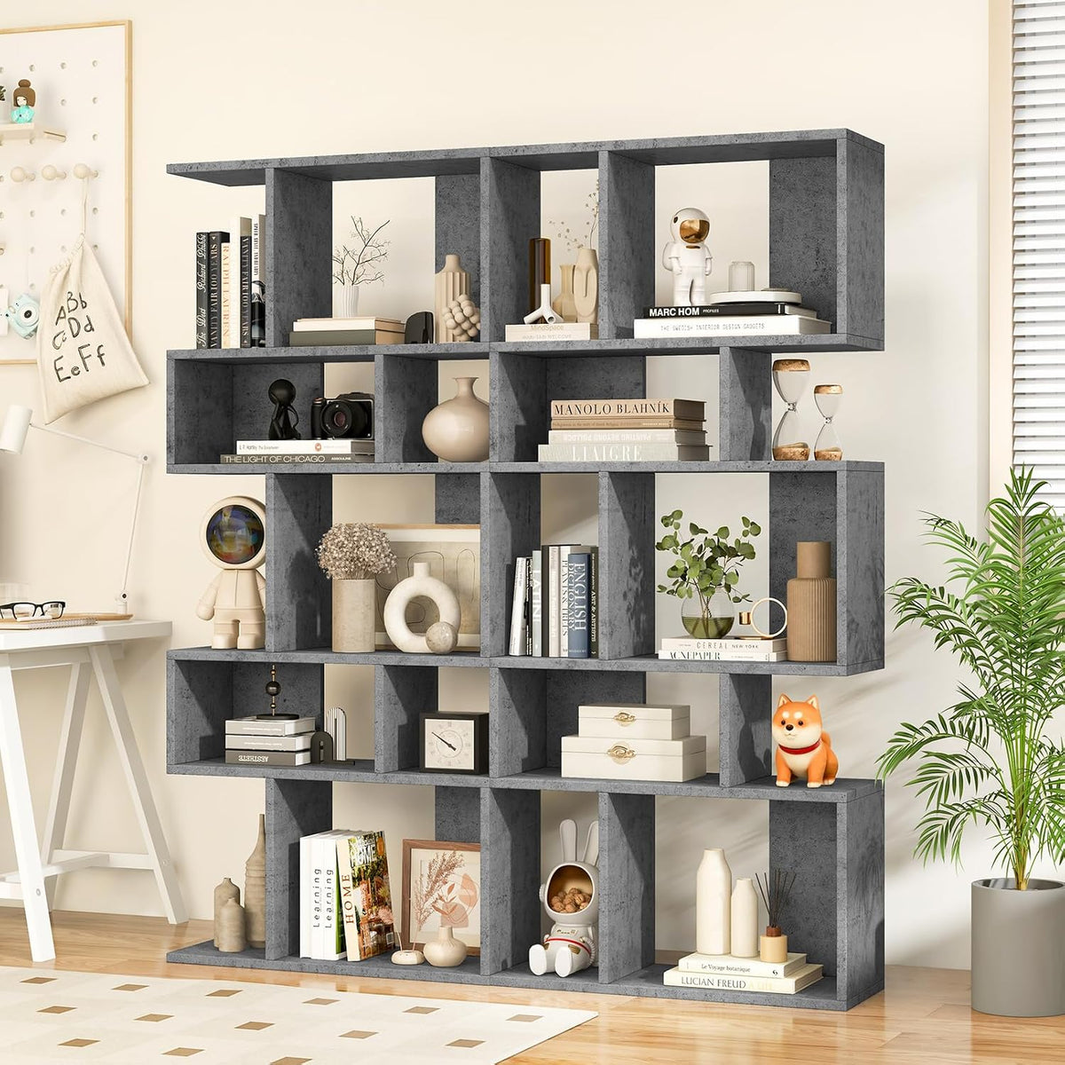 GIANTEX 5-Tier Geometric Bookshelf Set of 2, 70'' Tall Wood Freestanding Decorative Display Open Shelves with Anti-Tipping Device, Each Shelf Holds up to 44 lbs, Wooden S Shaped Bookcase, Gray