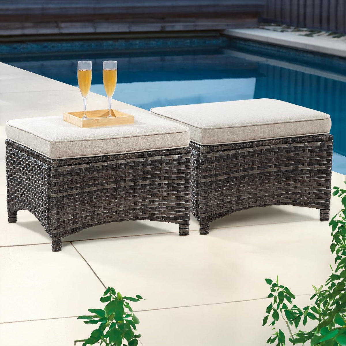 Outdoor Ottomans for Patio Set of 2 PE Wicker Steel Frame Outdoor Footstool with Removable Olefin Cushions for Patio, Backyard and Deck, Beige