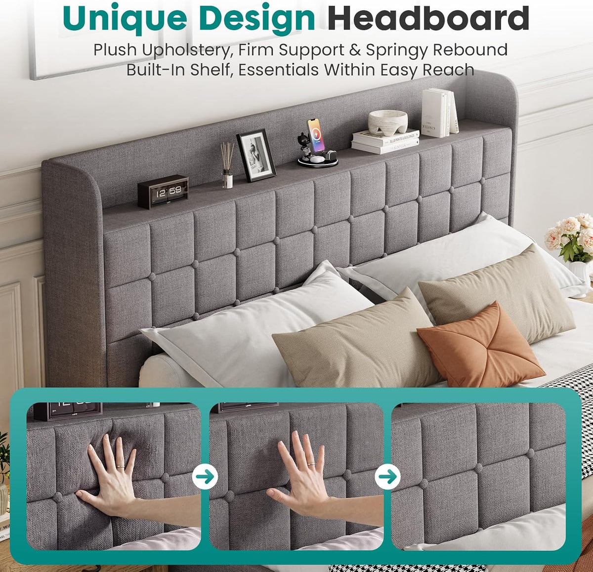 DUMOS Queen Bed Frame, Upholstered Platform Bed Frame with Storage Drawers