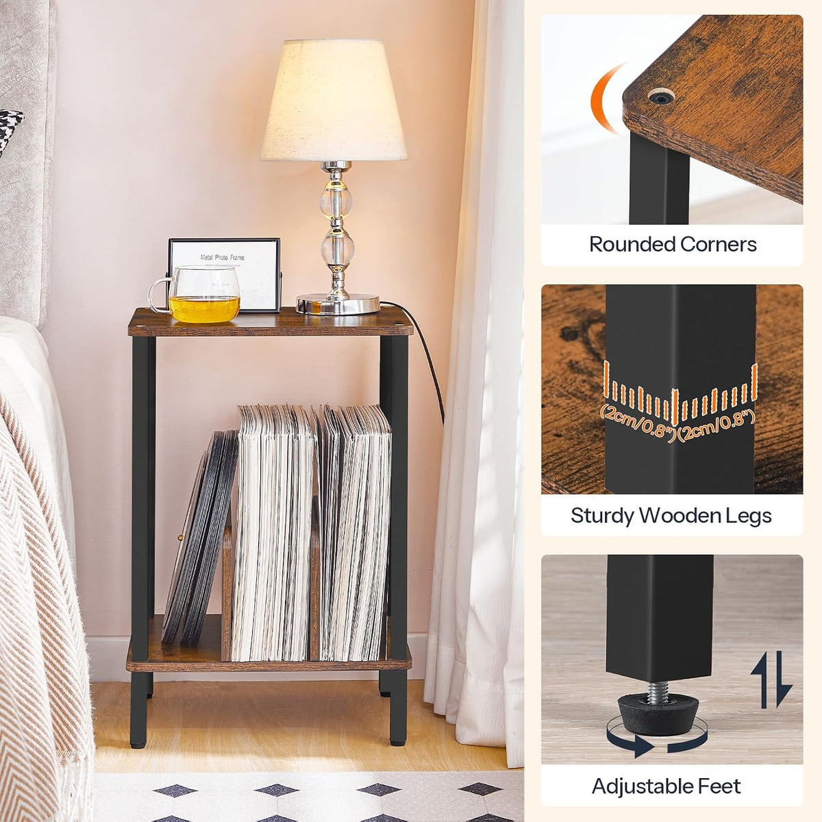 HOOBRO Small End Table, 2-Tier Record Player Stand Vinyl Record Turntable Stand with Storage up to 100 Albums, Small Side Table for Living Room, Bedroom Rustic Brown, FG05RS01