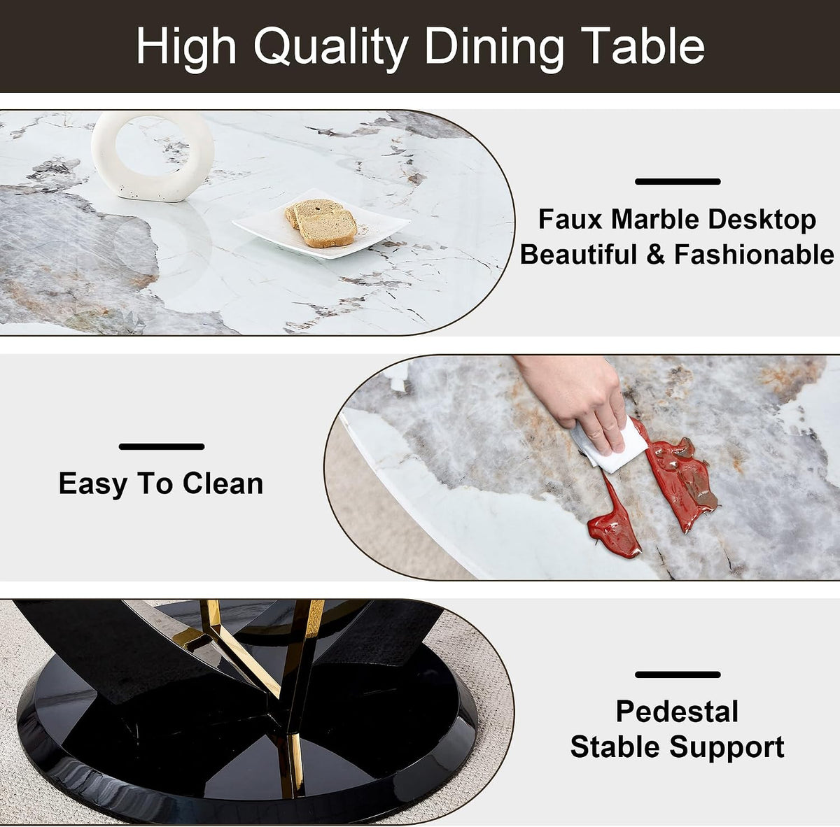 JUFU 48 Inch Round Dining Table for 4 to 6, Faux Marble Look, Modern Circle Kitchen Furniture with Stable Pedestal Base for Apartment, Dining Room, Living Room, Restaurant