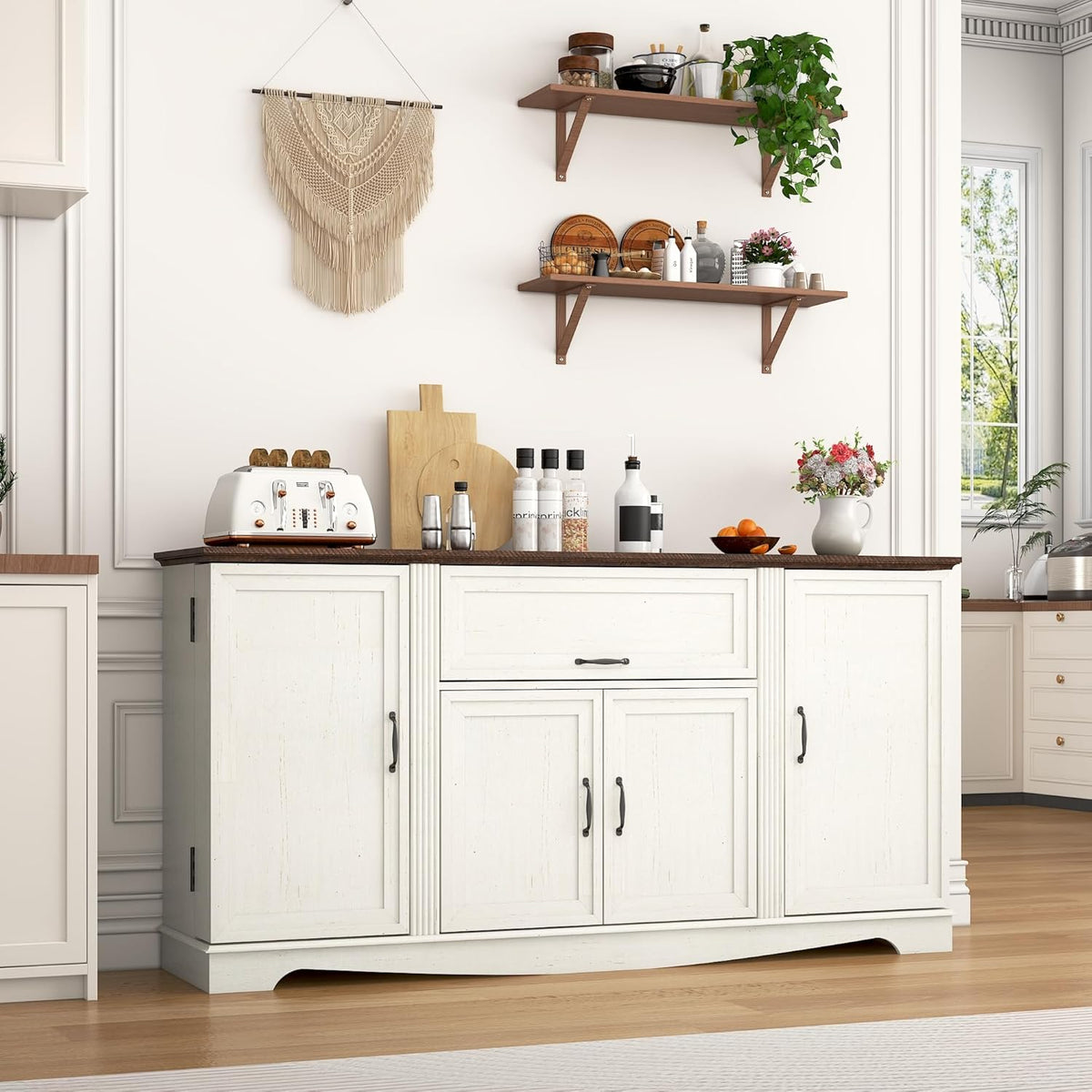 65" Sideboard Buffet Cabinet with Storage, Farmhouse Kitchen Pantries Sideboard Cabinets with Drawer, Wood Coffee Bar Cabinet with Adjustable Shelves, Storage Cabinets for Kitchen, Antique White