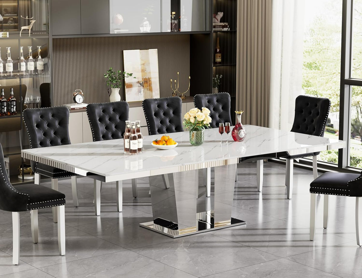 94 inch Extendable Dining Table for 6 8 10, Modern Expandable Kitchen Table with White Faux Marble Top & Silver Mirrored Base, Large Luxury Faux Marble Dining Room Table for Dinner Family Gathering