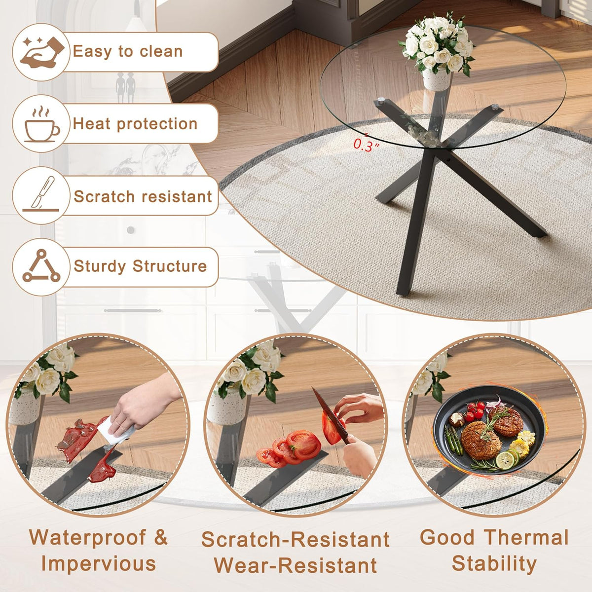 Round Dining Table Set for 4, 39" Glass Dining Table Set with Black Adjustable X-Shaped Metal Leg&4 Clear Acrylic Chairs with Chrome Legs, Small Space-Saving Table Set Ideal for Kitchen, Dining Room