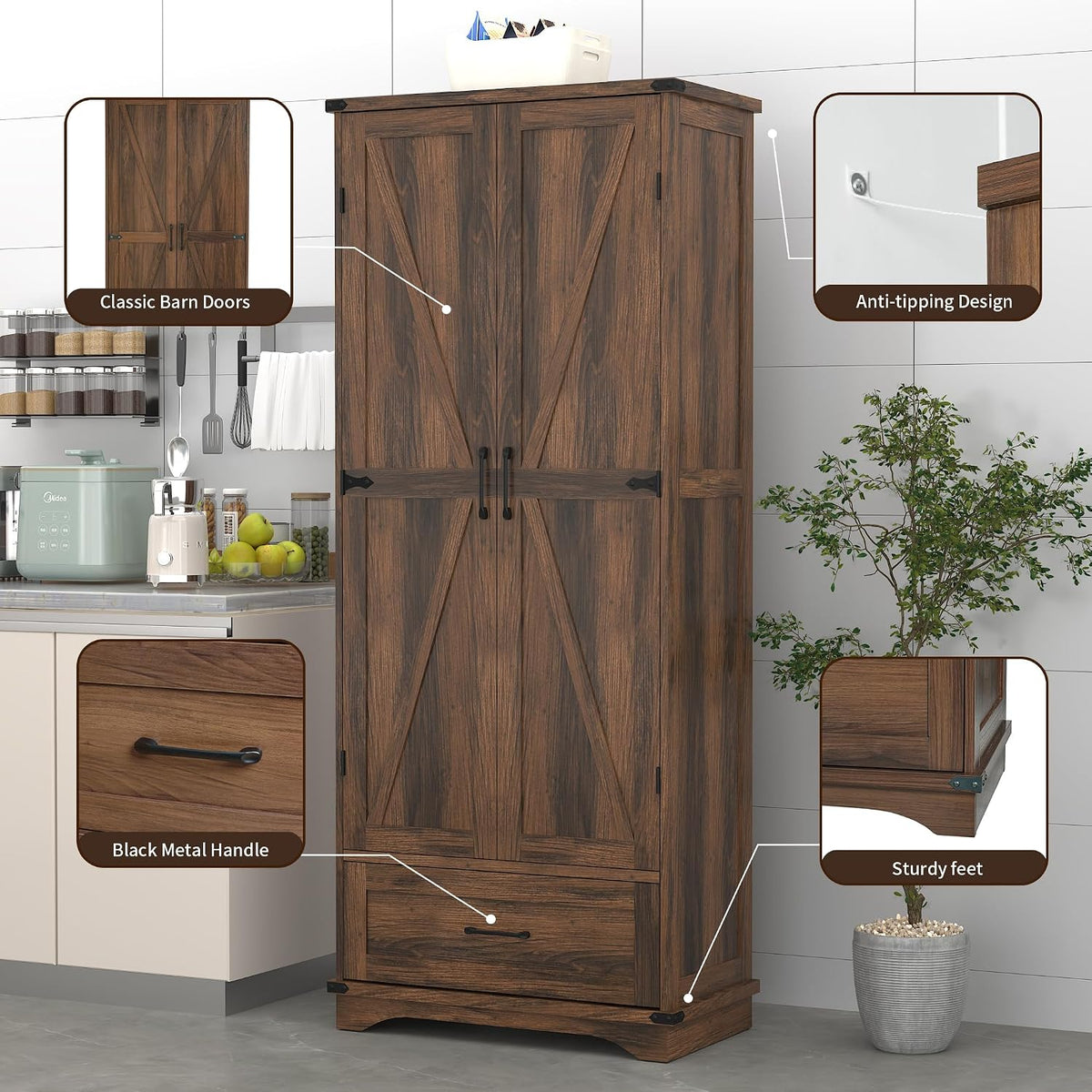71" Farmhouse Kitchen Pantry Storage Cabinet with Drawer & 2 Barn Doors, Freestanding Cupboard with Adjustable Shelves, Modern Floor Cabinet for Kitchen, Dining Room, Living Room, Bathroom, Brown
