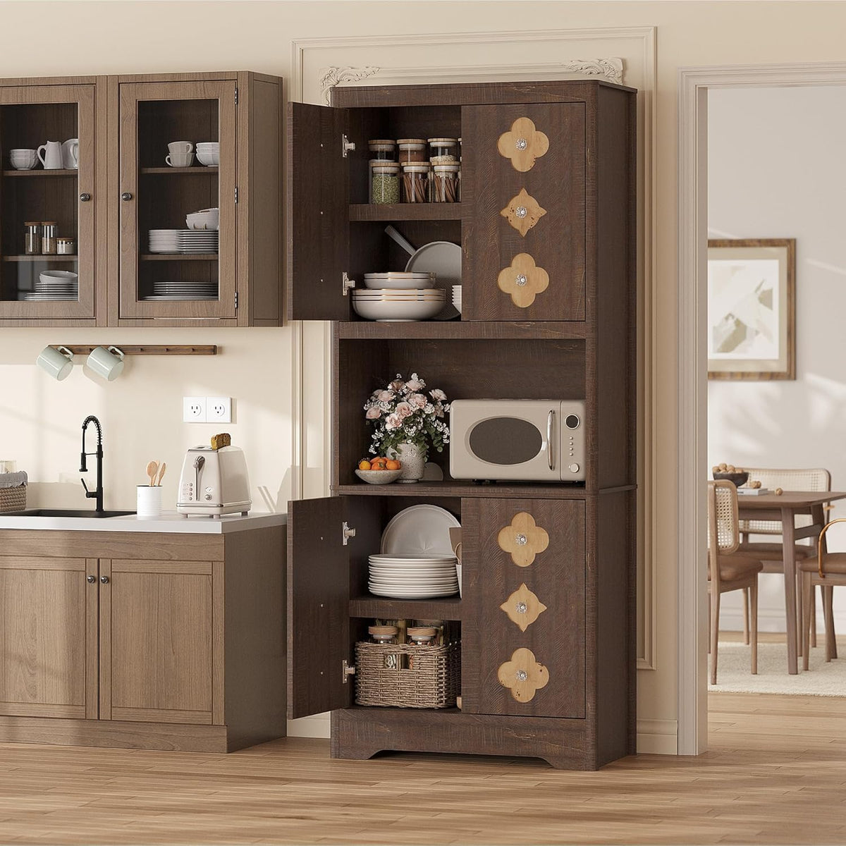 IDEALHOUSE Mid Century Modern Kitchen Pantry Cabinet, 72" Tall Storage Cabinet with Microwave Shelf, Wooden Freestand Cupboard with Carved Flower Door & Crystal Handle, for Dining Room