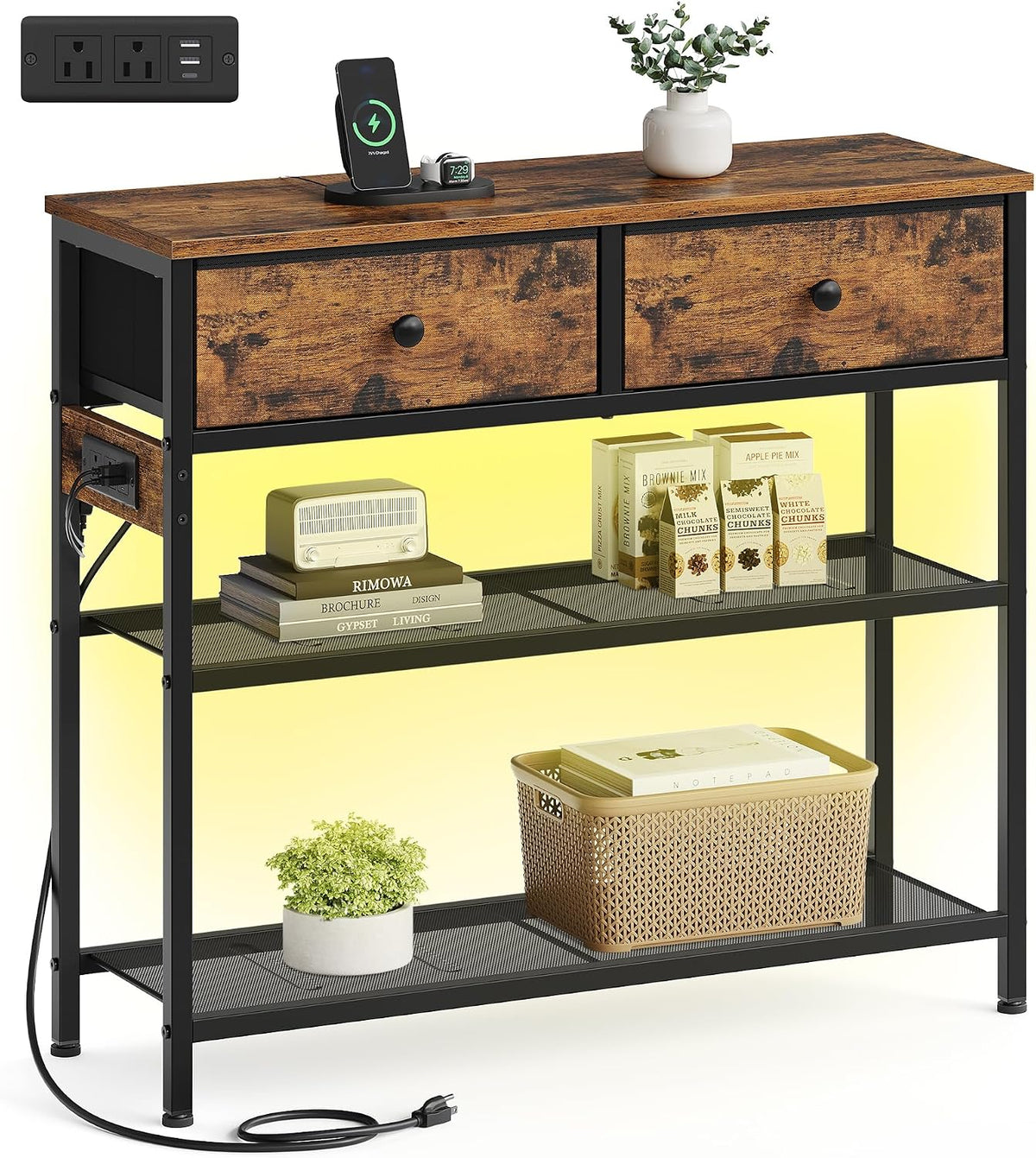 SONGMICS Console Table with Charging Station, Narrow Sofa Table with LED Lighting, for Entryway, Living Room, 11.8 x 30.2 x 31 Inches, 2 Fabric Drawers, Rustic Brown, BELLAH Collection ULGS175K101