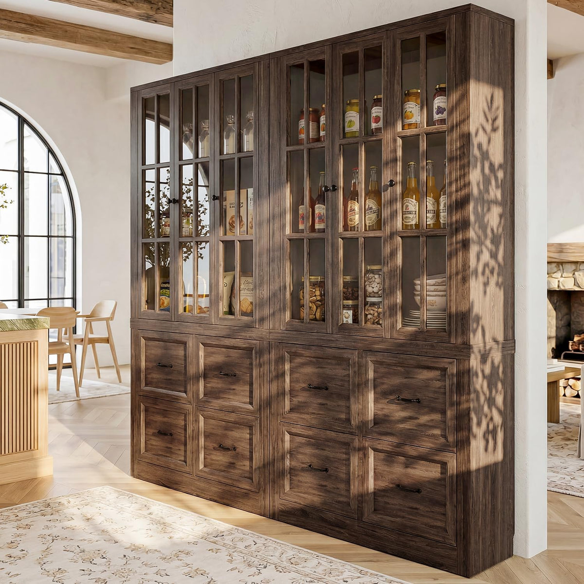 80" Modular Kitchen Pantry Cabinet, 2-in-1 Freestanding Tall Pantry Cabinet with Glass Doors & Adjustable Shelves, Large Hutch Storage Cabinet for Kitchen & Living Room (2, Cracked Oak, AB)
