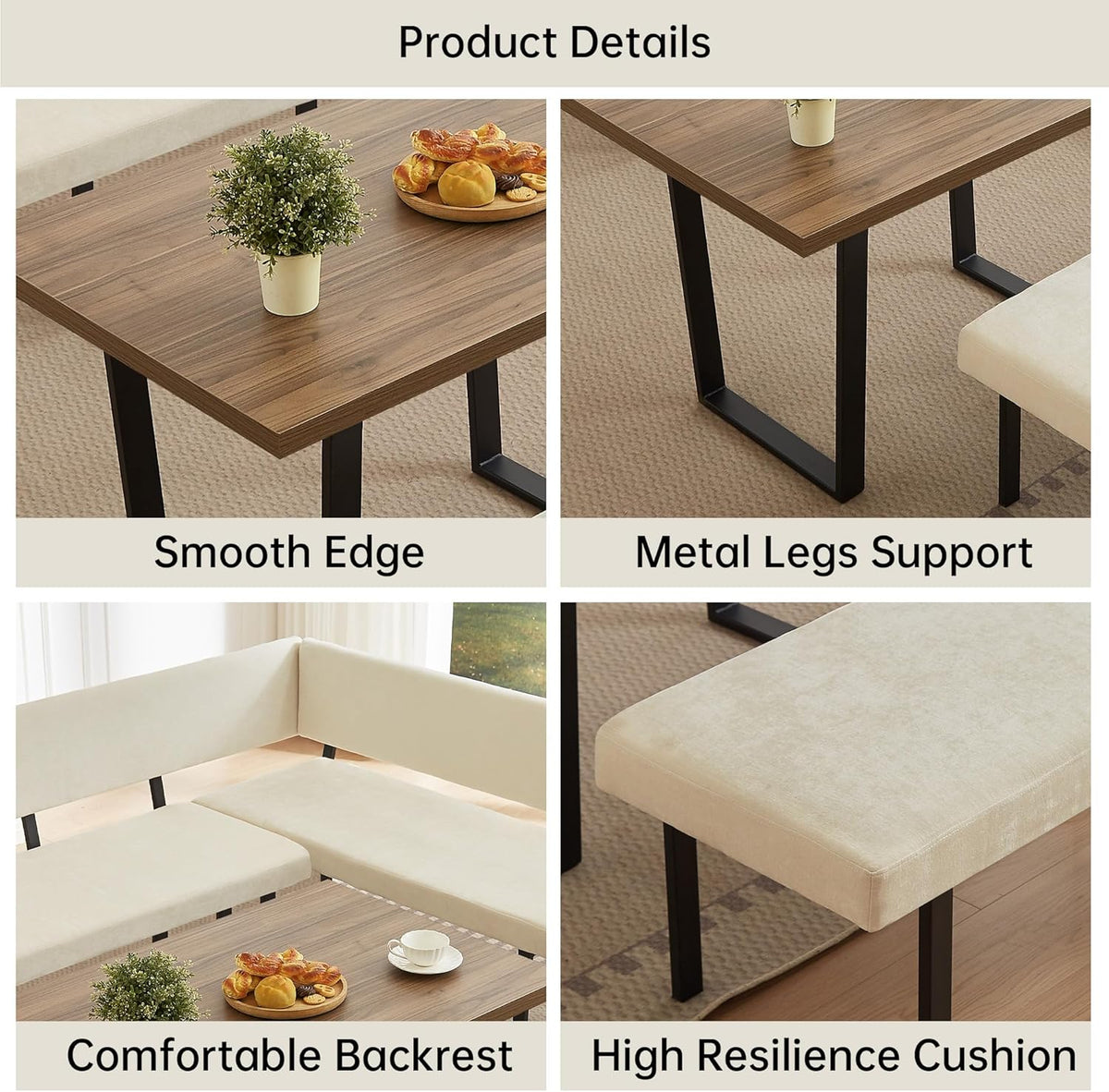 HIPIHOM 3-Piece Corner Dining Table Set with Bench, 67 Inch Space-Saving Breakfast Nook for Kitchen & Dining Room (Walnut Table & Beige Bench)