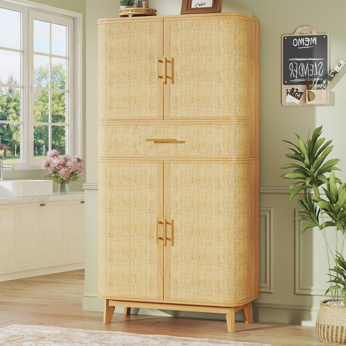 HUAHUU 71" Tall Pantry Cabinet with Curved Rattan Doors, Large Pantry Storage Cabinet with Drawer & Adjustable Shelves, Modern Farmhouse Kitchen Cabinet for Dining Room, Living Room, Oak