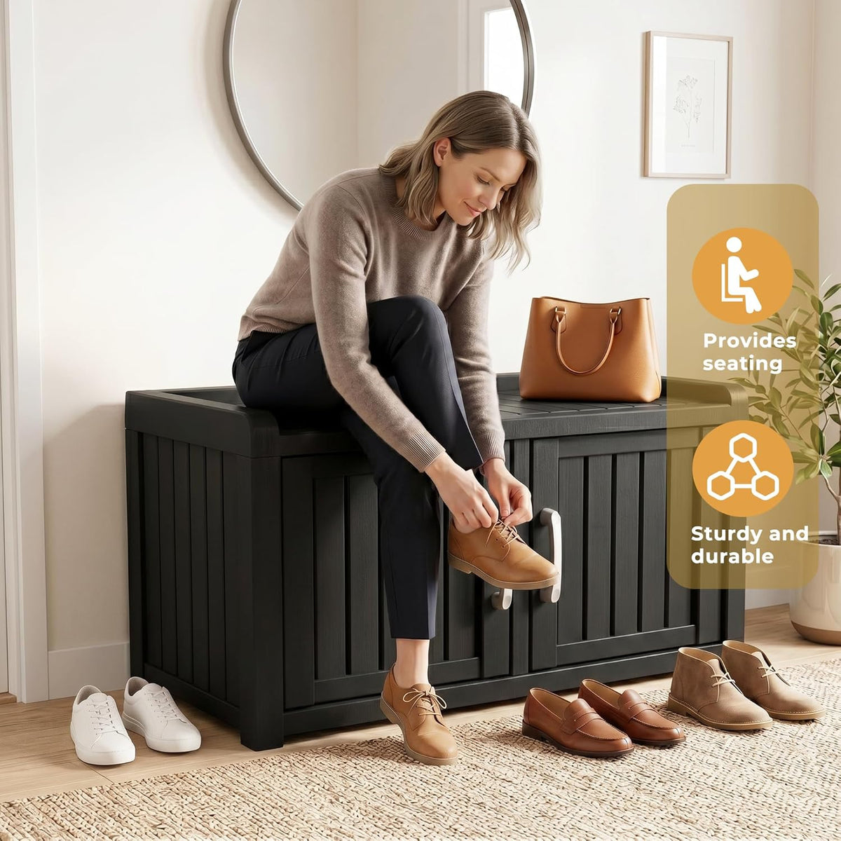 ROJIK Shoe Cabinet Waterproof UV-Resistant,Storage Bench Indoor Outdoor with Adjustable Shelves,for Entryway Bedroom,Hallway,Living Room(Double Door,Black)