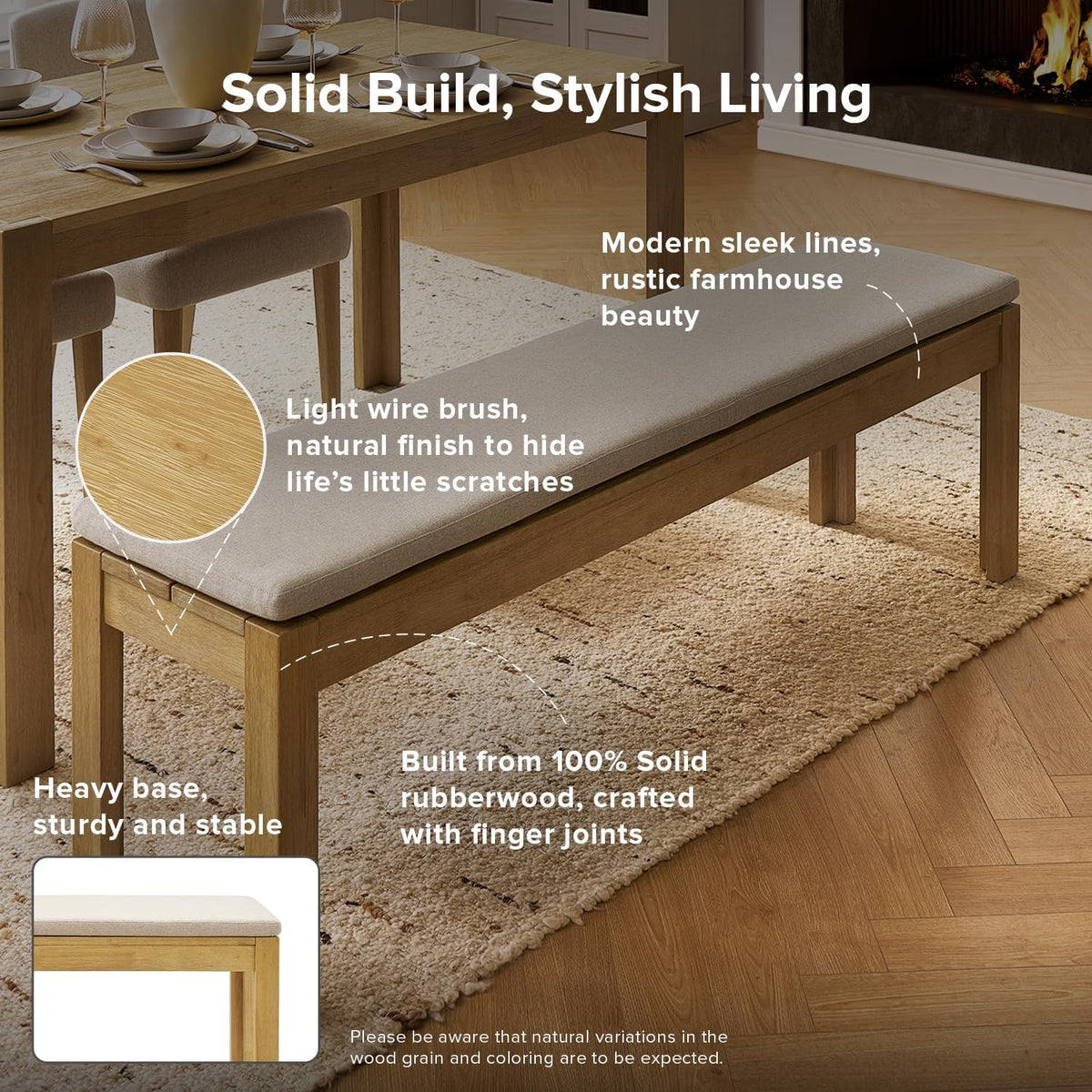 mopio Logan Upholstered Beige Dining Bench, Modern Farmhouse Solid Wood with Light Wire Brush for Dining Room and Kitchen (64" Dining Bench)