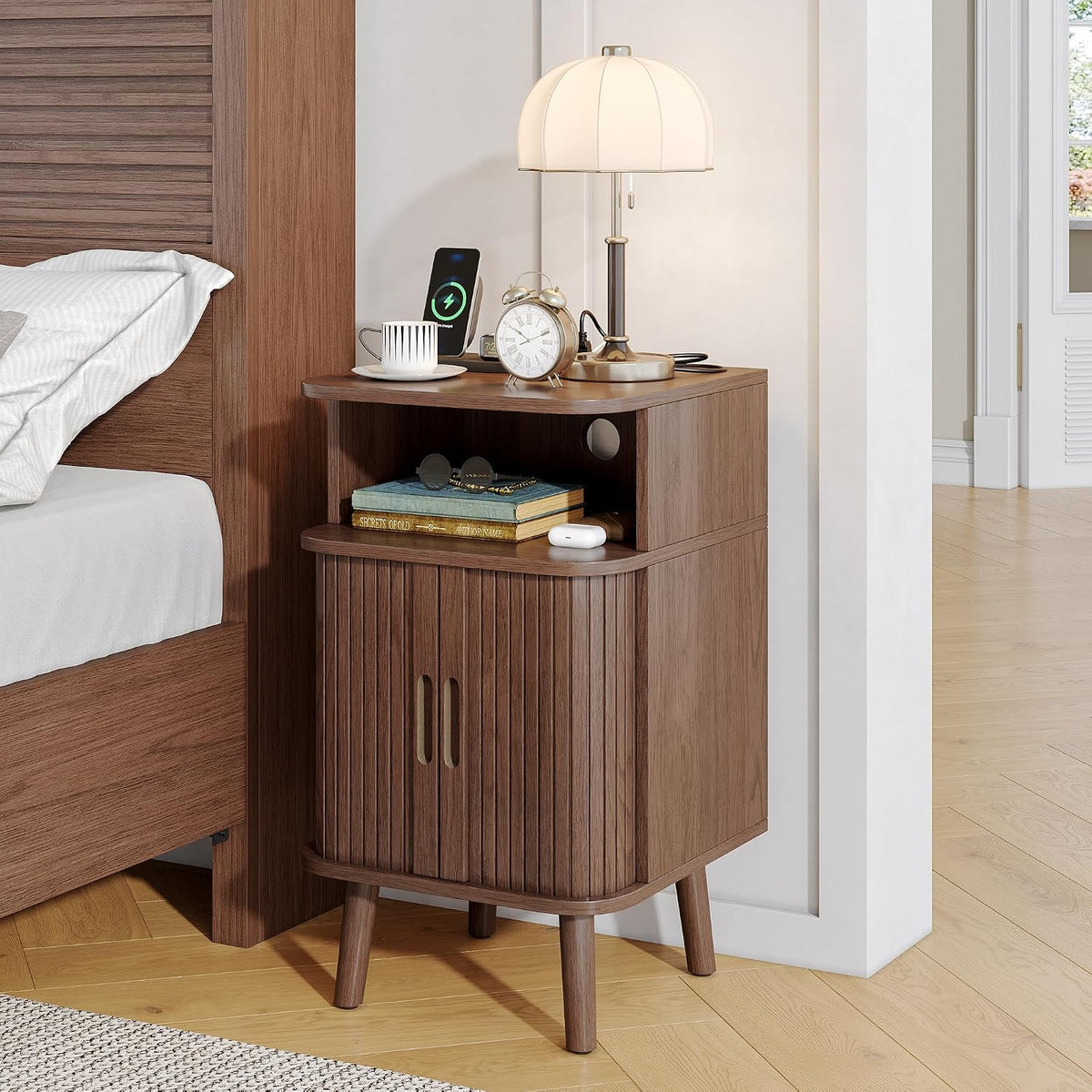 Whalefall Night Stand Set of 2 with Charging Station, Mid Century Modern Fluted End Tables with Cabinet for Living Room, Curved Round Edge Wood Beside Table with Slide Tambour Doors, Walnut