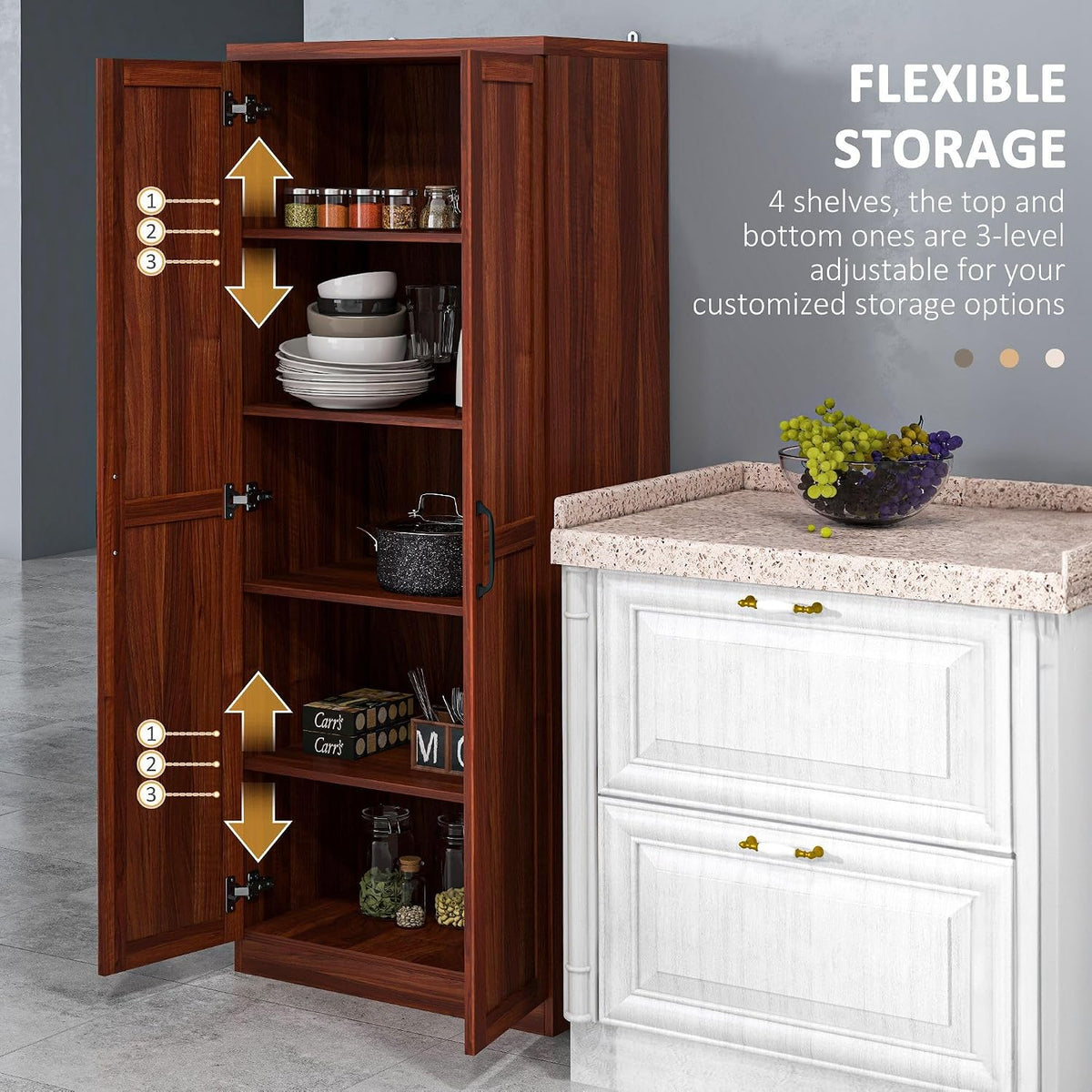 Modern 63 inch Pantry Storage Cabinet with Two Doors and Five Tier Shelves Focusing on Sleek Kitchen Organization and Space-Saving Solutions