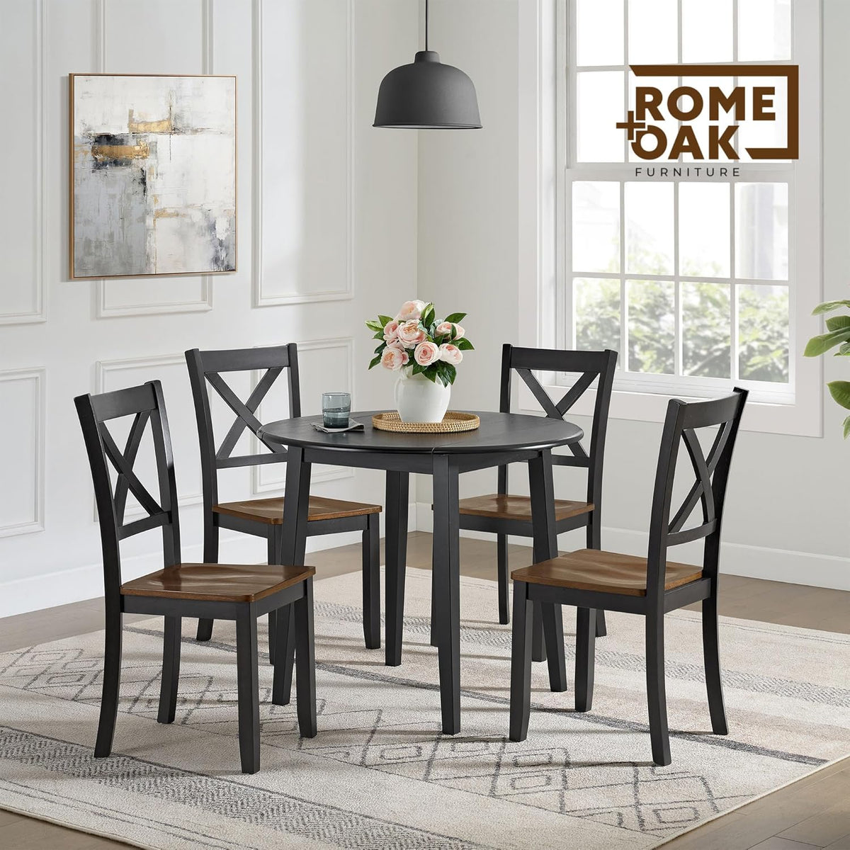ROME + OAK X-Back Farmhouse Wooden Armless Dining Chairs in Black/Dark Brown, Set of 4 - Indoor Home Kitchen Seating Furniture