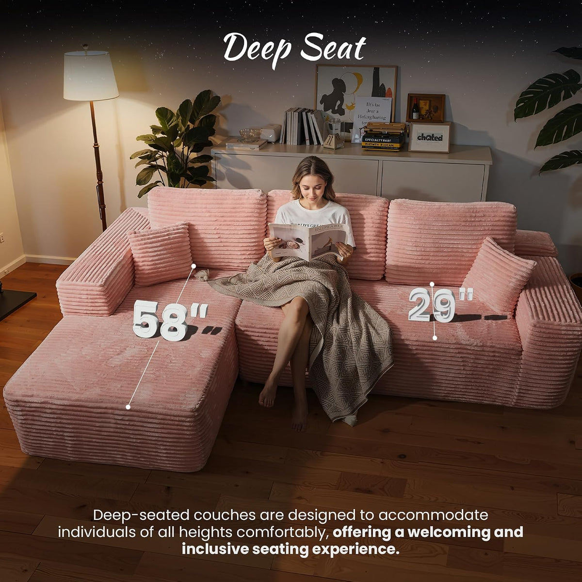 ovios 104" Cloud Couch with Glitter Fabric, Moudular Sectional Sofa with Deep Seat, No Assembly Required, Modern Minimalist L Shaped Couches with Chaise for Living Room, Pink
