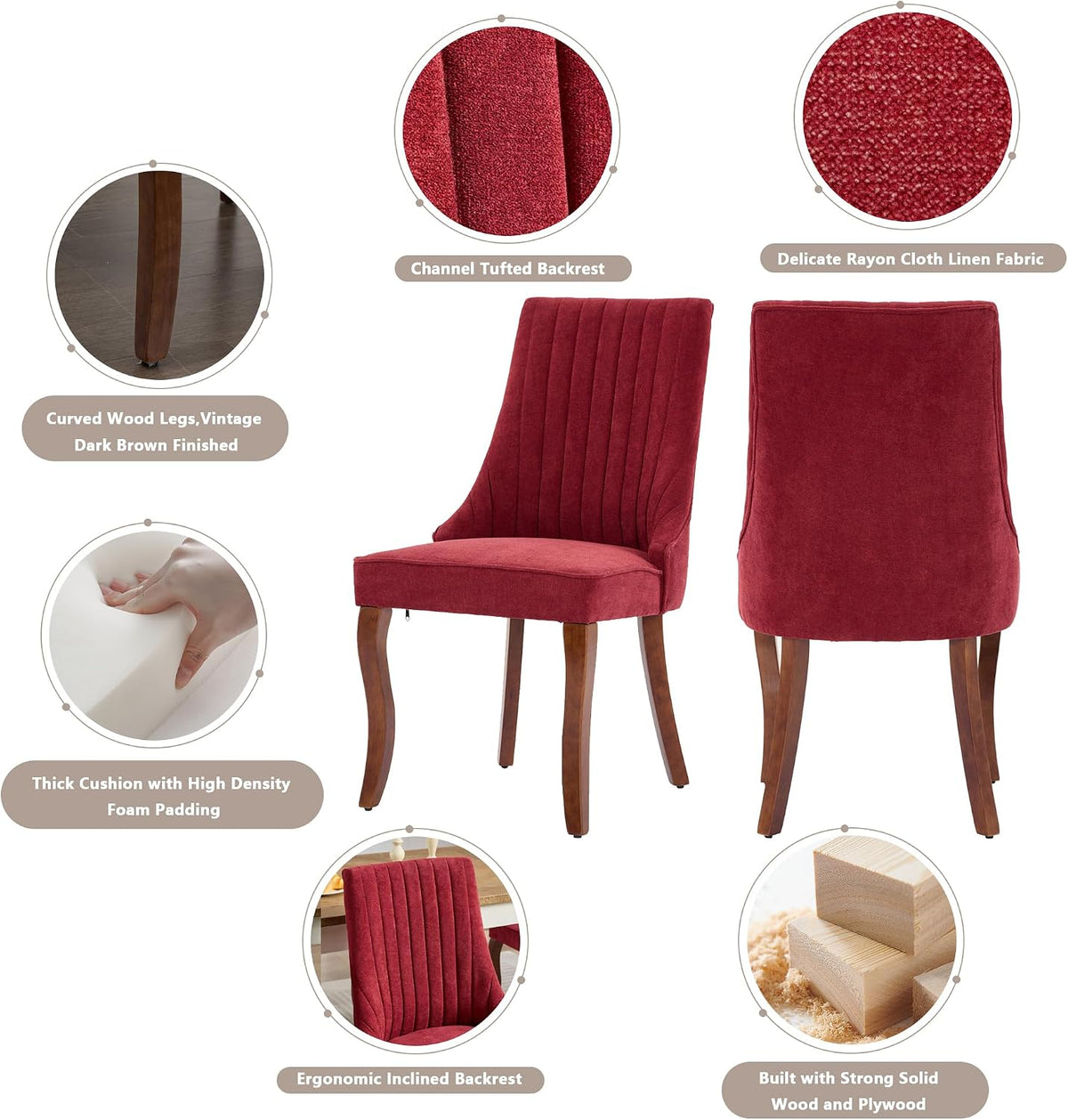 Aoowow Linen Blend Upholstered Dining Chairs Set of 2,Channel Tufted Dinner Chairs for Kitchen with Solid Wood Legs,Neutral Fabric Side Chairs for Dining Room,Living Room(Wine Red)