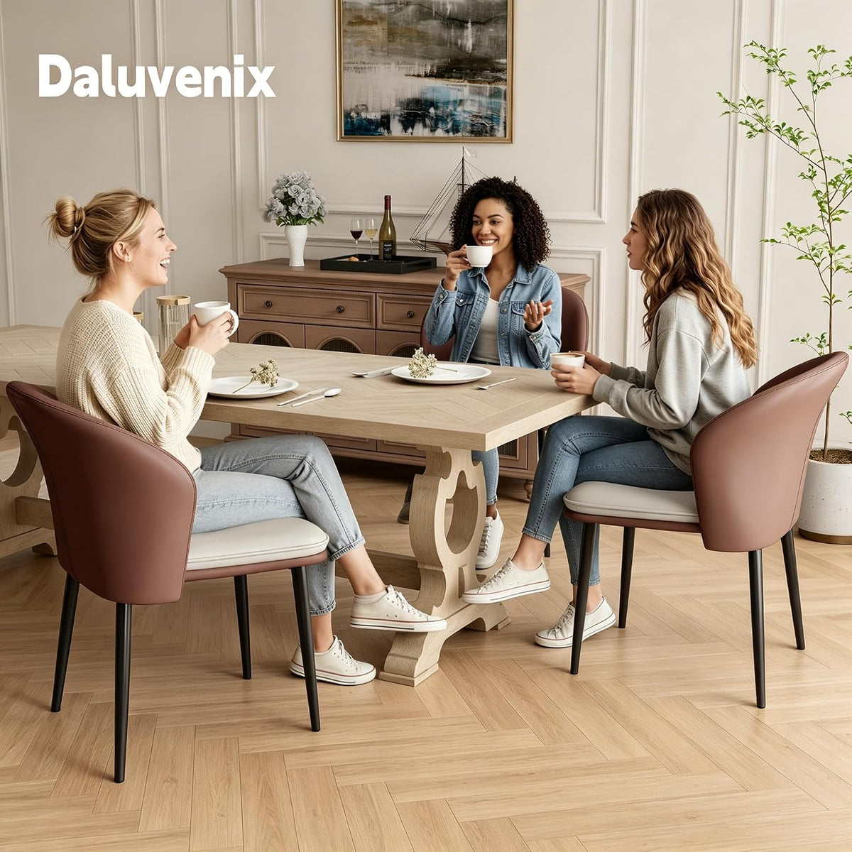 Modern Curved Back Dining Chairs Set of 6, Faux Leather Upholstered Accent Chair, Mid-Century Kitchen Side Chair with Soft Cushion for Dining Room, Living Room, Bedroom, Brown