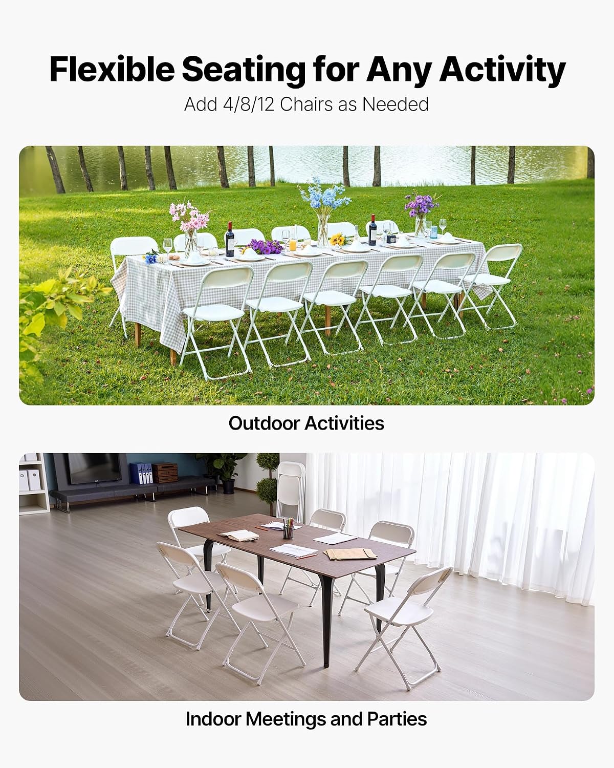 VEVOR 4 Pack Folding Chairs, Foldable Plastic Chair with Reinforced Metal Frame, Heavy Duty Portable Party Chairs, Stackable Indoor Outdoor Seat w/Non-Slip Feet for Event Dining Patio, 350lbs Capacity