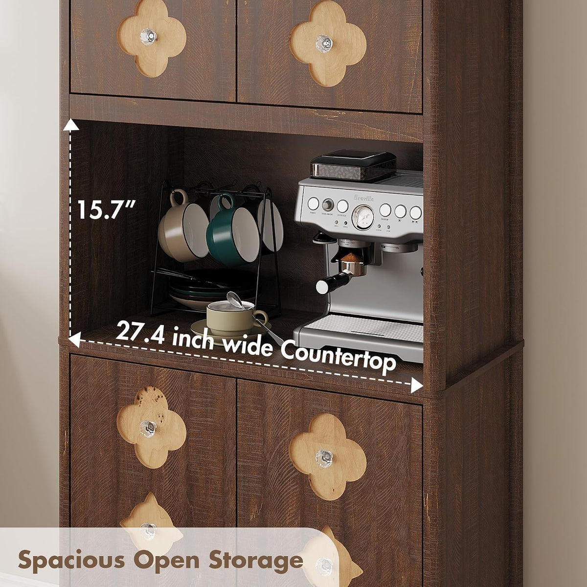 IDEALHOUSE Mid Century Modern Kitchen Pantry Cabinet, 72" Tall Storage Cabinet with Microwave Shelf, Wooden Freestand Cupboard with Carved Flower Door & Crystal Handle, for Dining Room