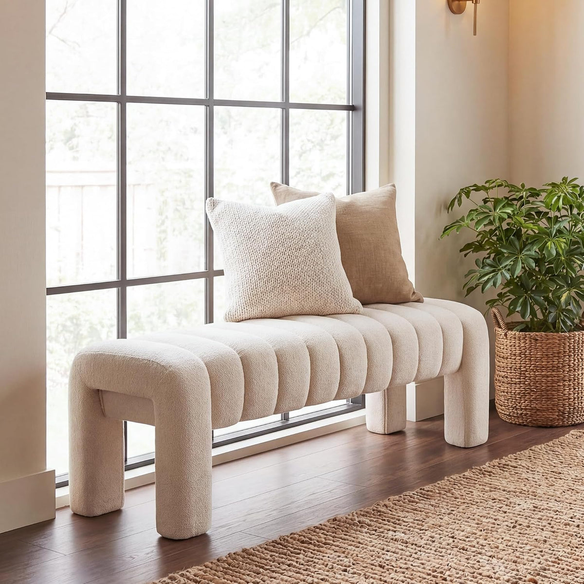 43.3" Bedroom Bench, Upholstered Entryway Bench, Modern End of Bed Ottoman with Solid Wood Legs and Adjustable Foot Pegs for Entryway, Dining Room and Living Room (Beige Linen)
