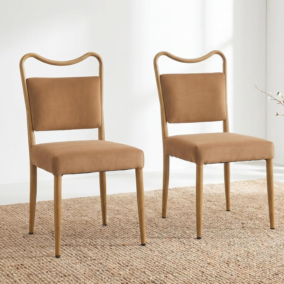Velvet Dining Chairs Set of 2, Mid-Century Modern, Brown | Wood Grain Metal Frame, Soft Velvet Upholstery, Curved Backrest, 4.5-Inch Padded Seat, 350 LBS Weight Capacity