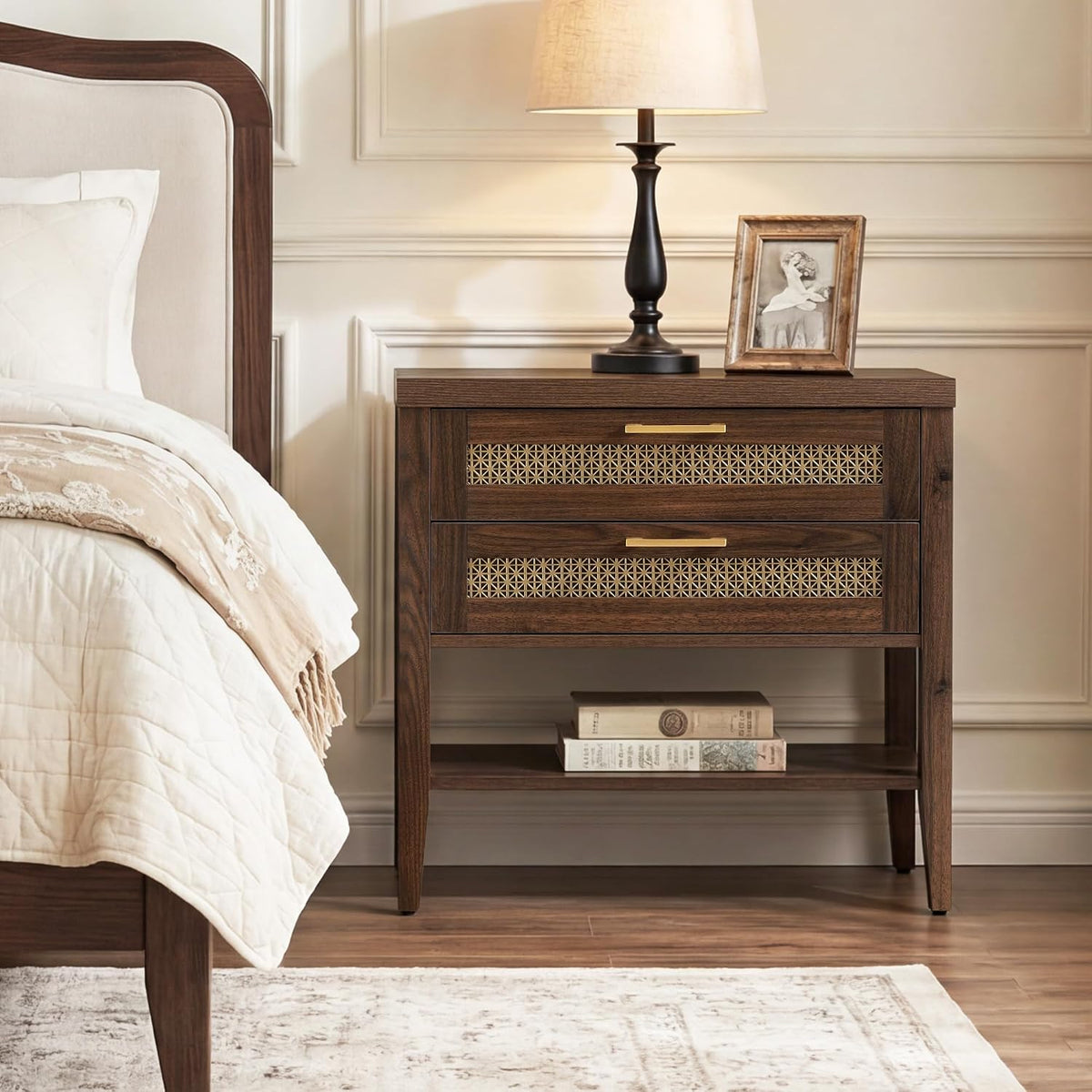 SICOTAS Night Stand Set 2,Rustic Nightstand Set of 2 with Drawer and Shelf | Large Bedside Table for Bedroom, Mid Century Modern Nightstand, 25.7" Tall Side End Table, Espresso Walnut, 2 Pieces