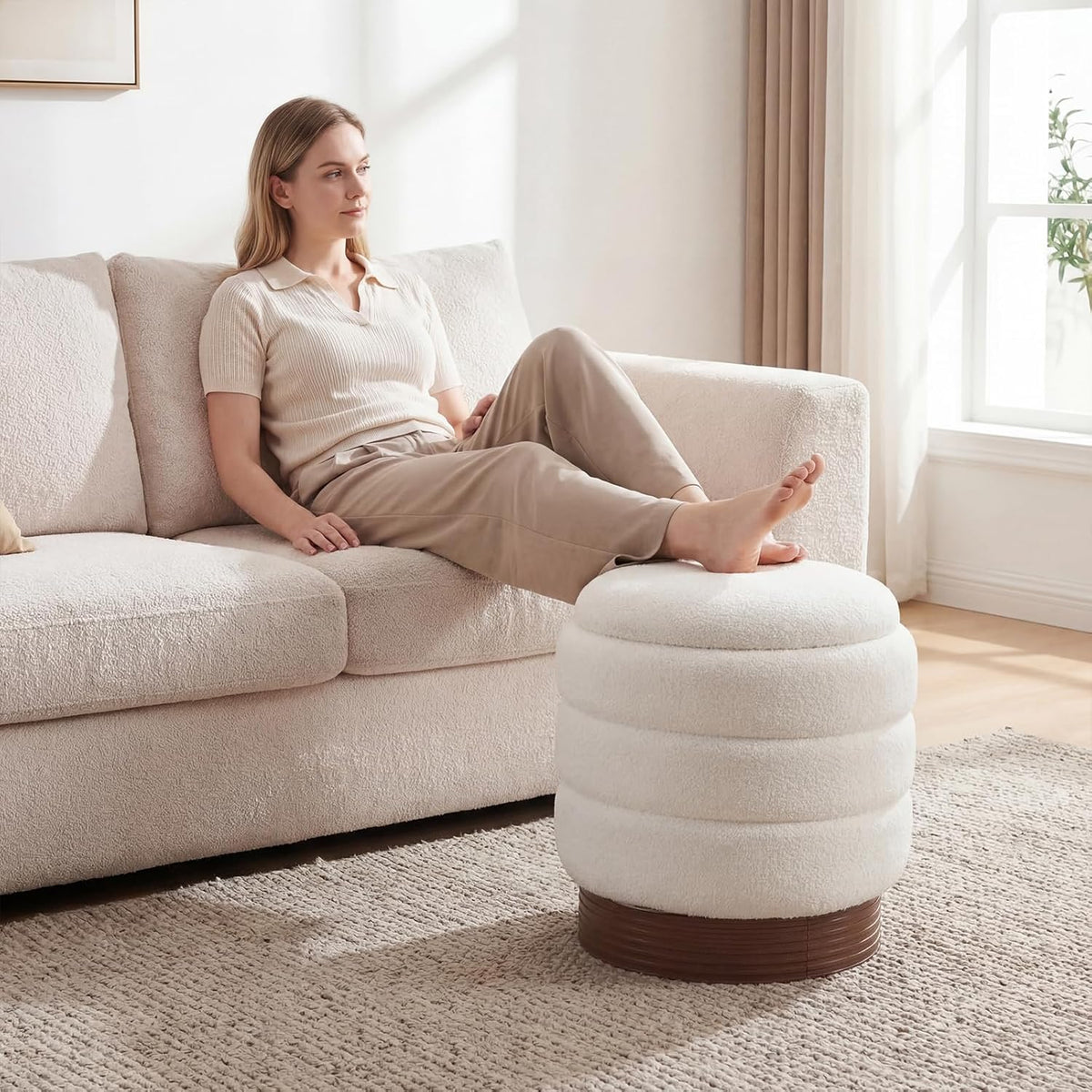 Giantex Round Ottoman with Storage, 360° Swivel Boucle Vanity Stool with Removable Lid, No Assembly Ottoman Foot Rest for Living Room, Bedroom, Makeup Room (White & Brown)