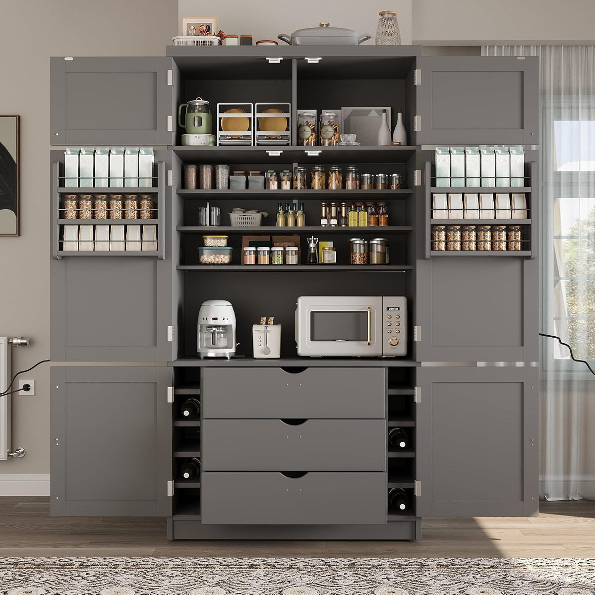 Merax Kitchen Pantry Storage Cabinet, Freestanding Buffet Cabinet with Microwave Stand & 2 Power Outlets,Kitchen Hutch with Door Shelves, Adjustable Shelves,Drawers and Wine Rack, Grey