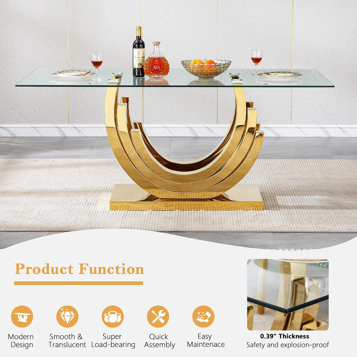 70 inch Tempered Glass Dining Table, Rectangular Glass Kitchen Table with Gold Stainless Steel C Shape Base, 4 to 6 Seater, Modern Dining Room Table for Daily Meals, Dinner Party, Family Gathering