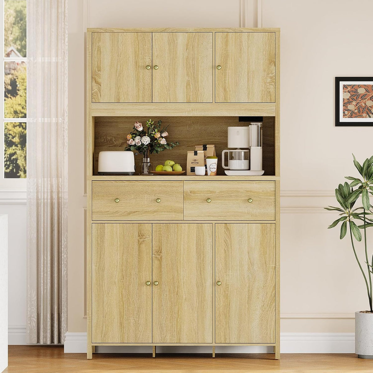 GarveeHome 71" Tall Kitchen Pantry Cabinet with Charing Station, Kitchen Pantry Storage Cabinet with Countertop, Modern Kitchens Hutch Cabinets with Storage for Living Room Dining Room, Natural