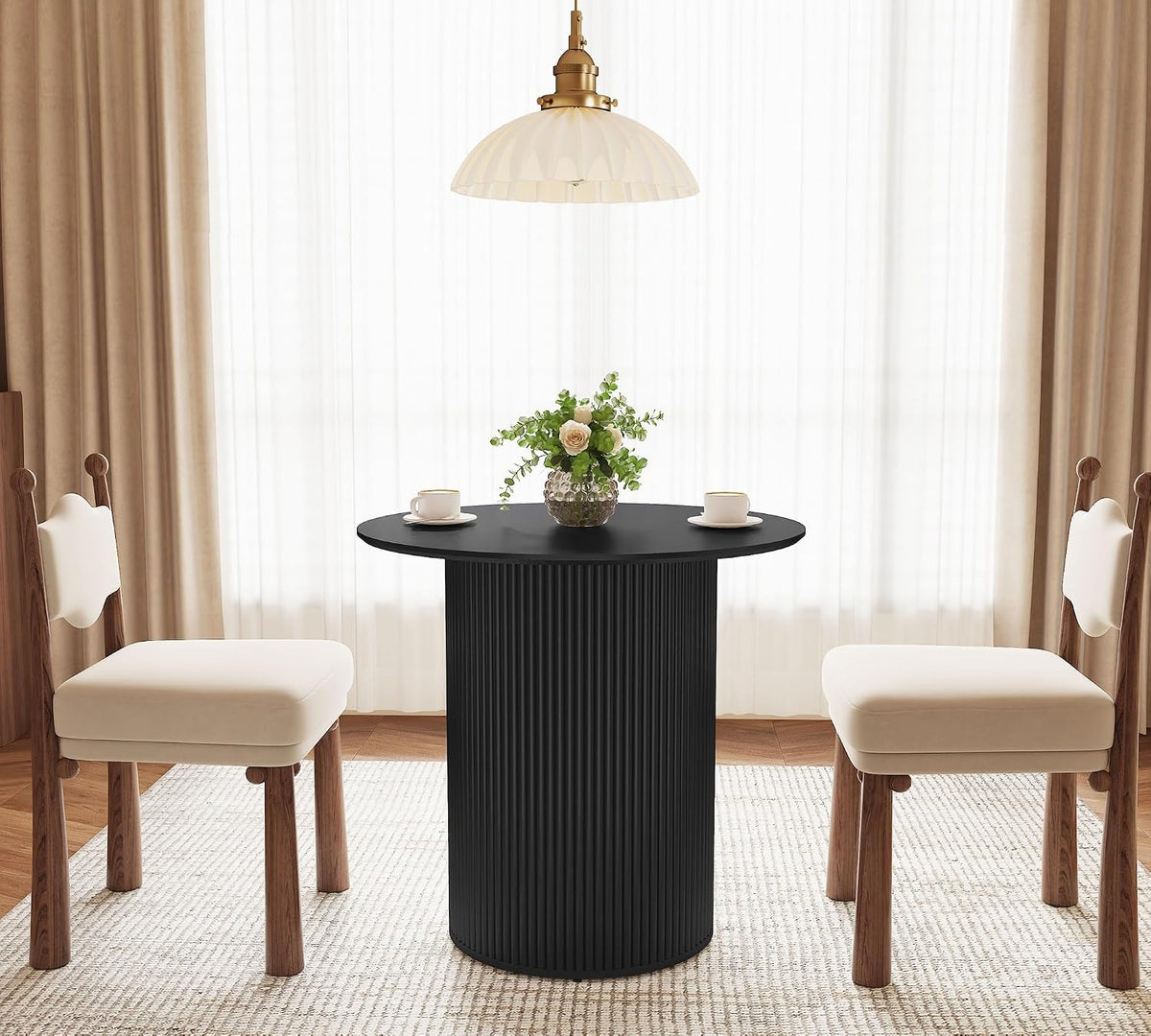 31.5 inch Round Dining Table for 2, Farmhouse Wood Fluted Dinner Round Kitchen Table with Wood Fluted Base, Mid-Century Modern Small Circle Dining Room Ta ble for Kitchen Living Room (Black)