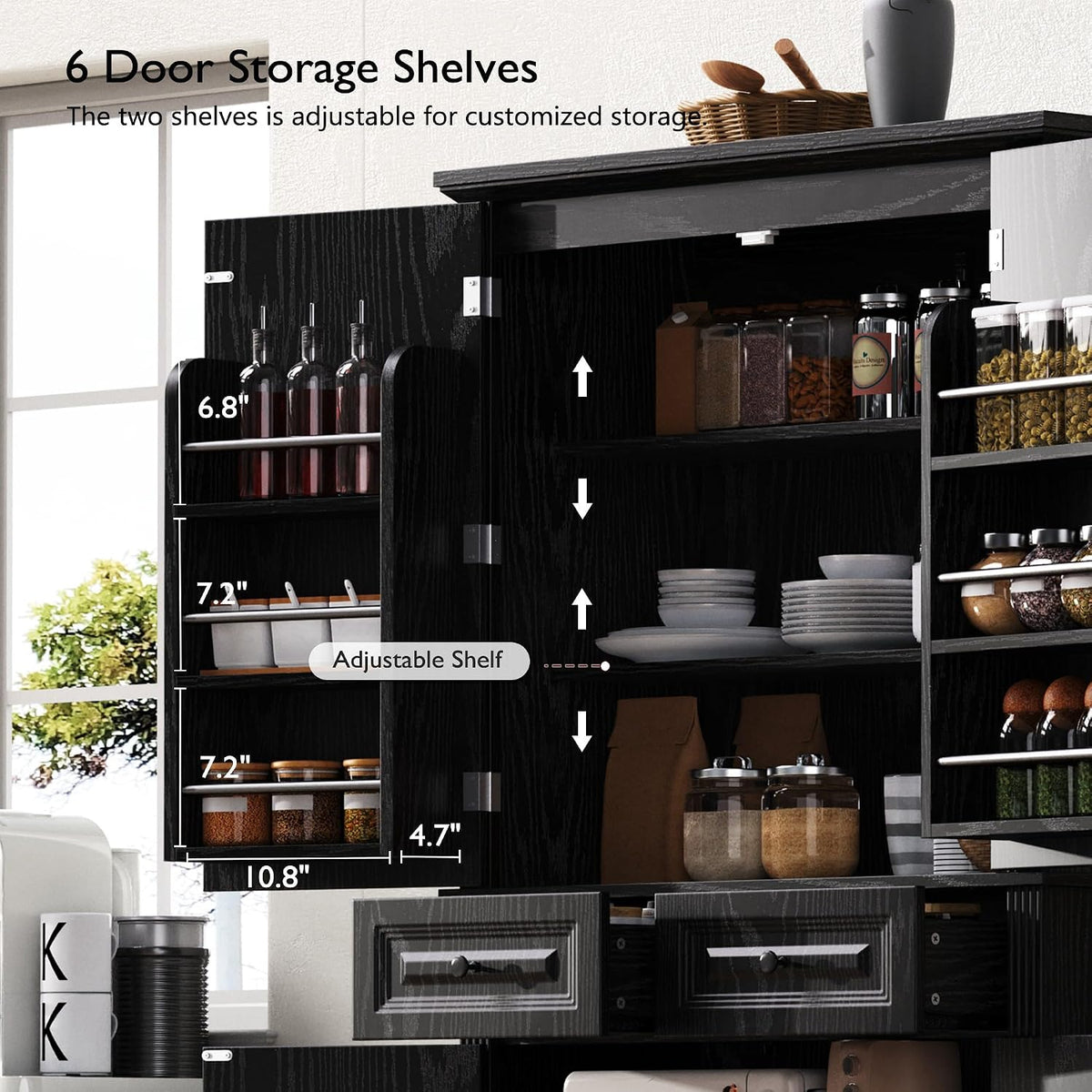 71" Tall Kitchen Pantry Cabinet, Freestanding Storage Cabinet with 3 Pull-Out Cabinet Organizers 6 Door Storage Shelves 2 Drawers, Farmhouse Embossed Texture Cupboard for Kitchen, Black