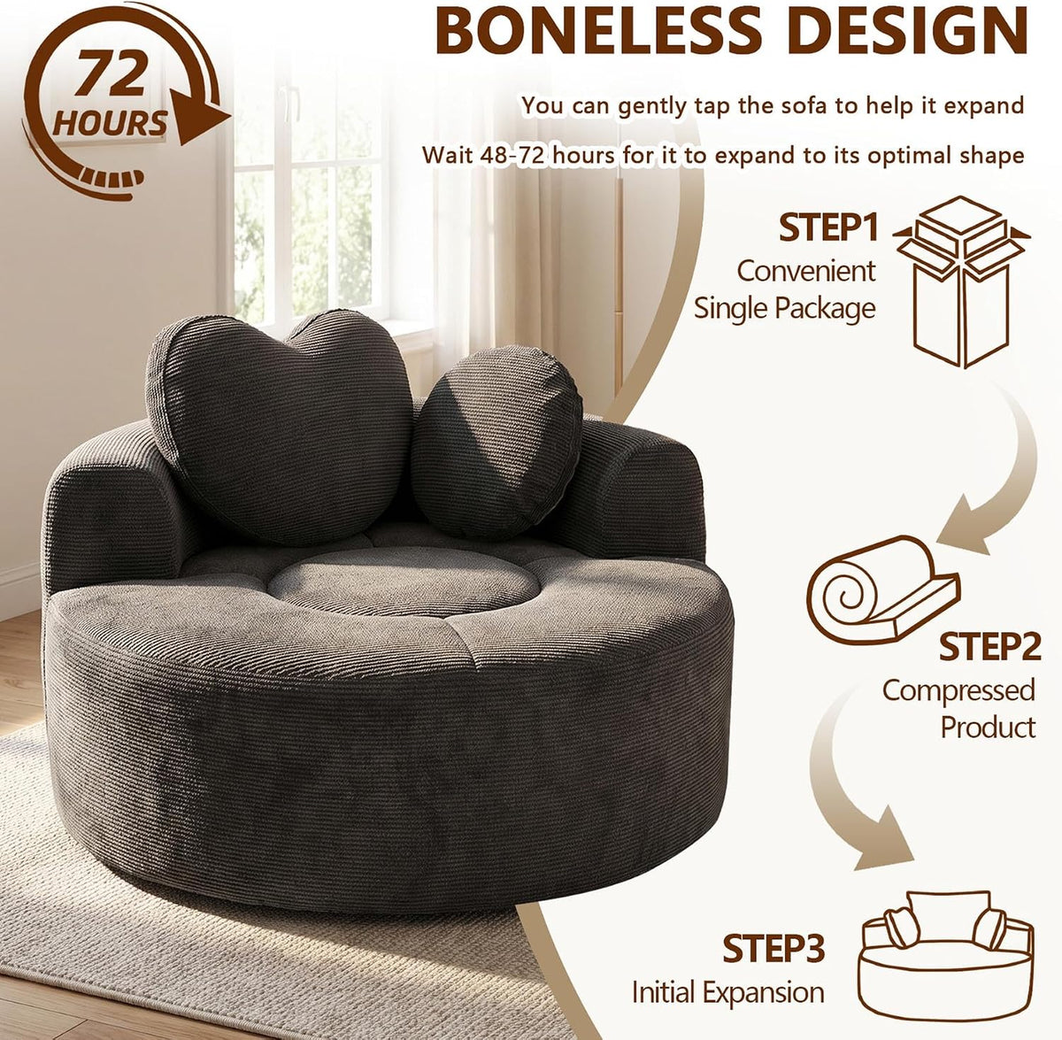 (New) Round Floor Chair Lounger Indoor, Circle Couch With 2 Pillows for Living Room, Cozy Cuddle Chair In a Box With Curved Armrest And Backrest, Heart Shaped, No Assambly Needed (Gray Black)