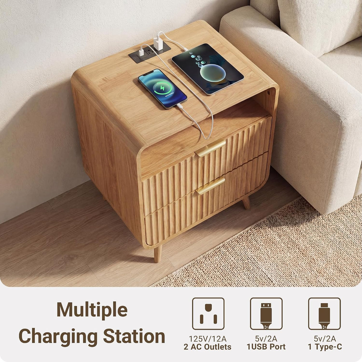 24" Curved Nightstand Set of 2,Night Stand with Charging Station & LED Light,Modern Fluted Bedside Table with 2 Drawers,Wooden End Table with Open Shelf for Bedroom,Natural