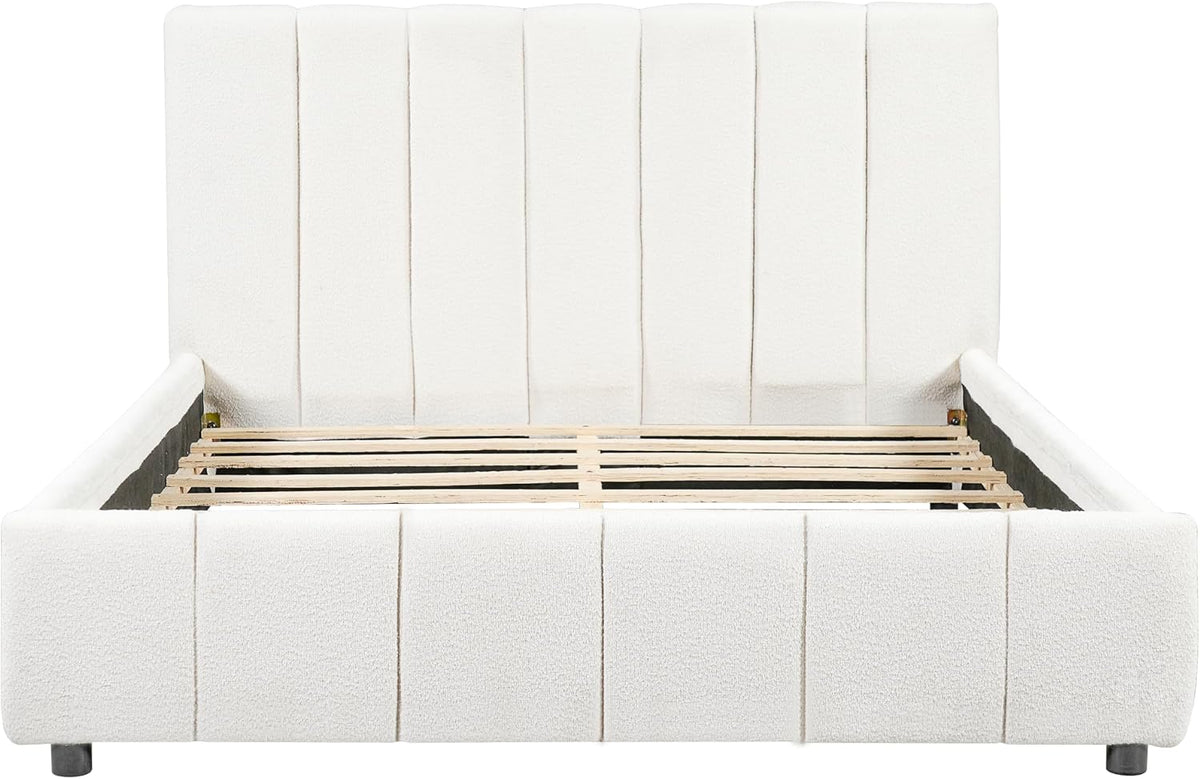 Merax Boucle Upholstered Queen Bed Frame with 42.7" High Headboard & 3.9" Thick, Vertical Stripe Tufting Design, Modern Queen Size Platform Bed, Solid Wood Support Leg, Bear 600Lbs, Off White