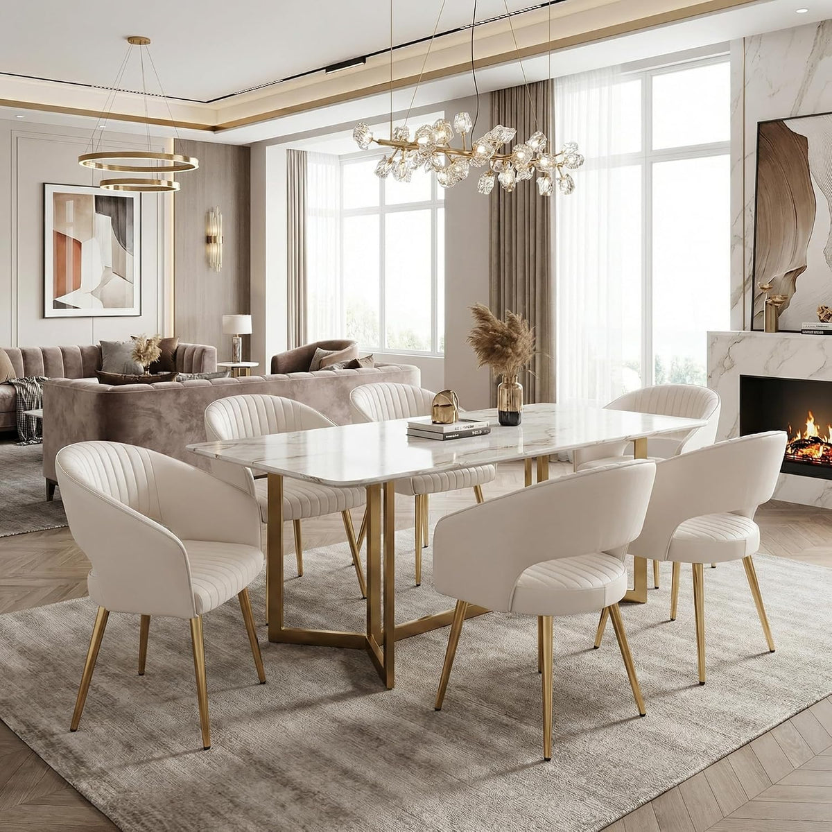 Modern Dining Chairs Set of 4, Upholstered PU Leather Dining Room Chairs with Gold Metal Legs, Accent Kitchen Chairs with Curved Backrest for Living Room, Cream