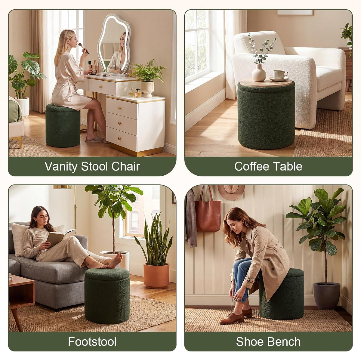 Joveco 14.5" Small Ottoman with Storage, Teddy Velvet Foot Rest Stool with Reversible Wood Tray Lid, Round Storage Ottoman Coffee Table, Vanity Stool for Living Room, Olive Green