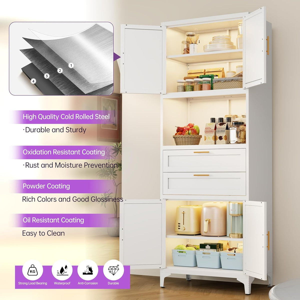 75" Tall Food Kitchen Pantry Cabinet,Tall Bathroom Storage Cabinet with 4 Doors and Shelves & 2 Drawers, Freestanding Cupboard for Living Room/Bathroom (White)
