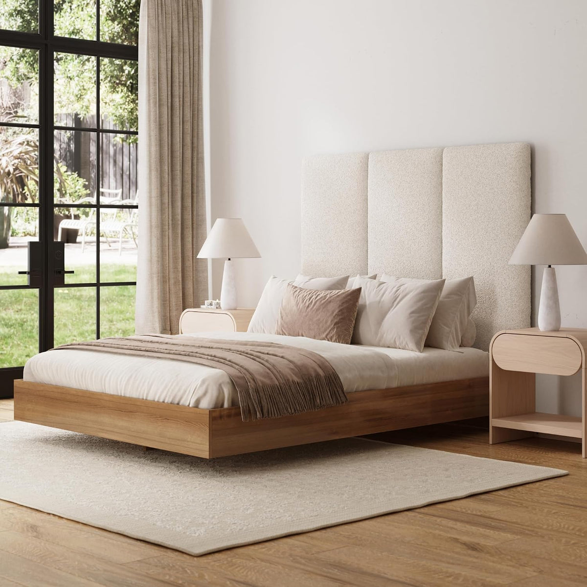 Nathan James Marissa Wall Mounted Upholstered Headboard, 3 Panel Headboard with Textured Boucle Upholstery for Queen Bed, White