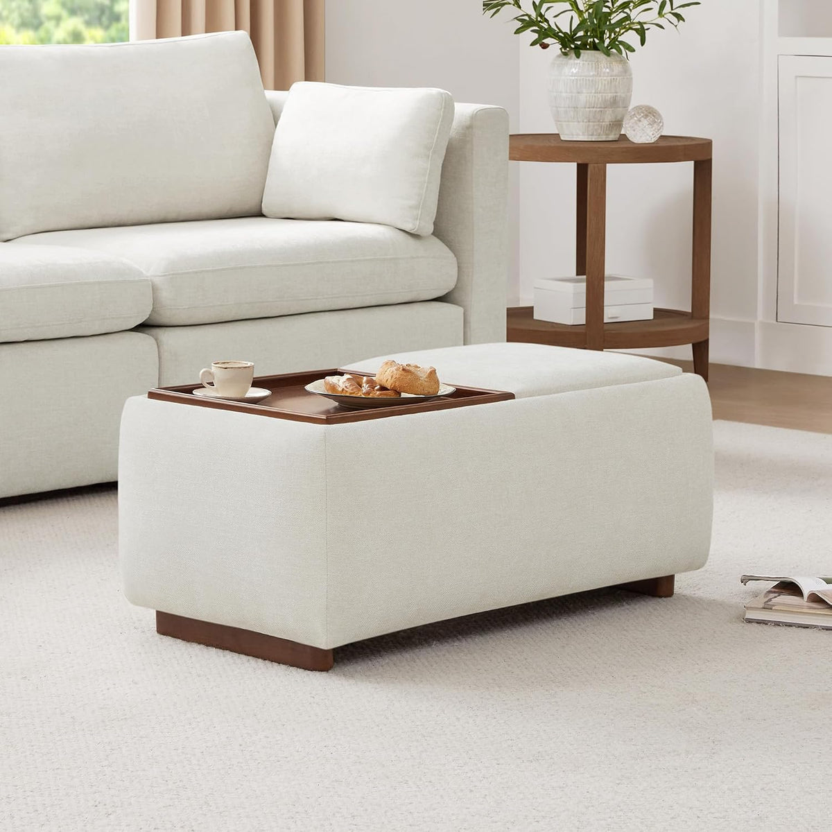 CHITA Storage Ottoman with Tray Lids, FSC Certified Small Rectangular Bench for Living Room, Bedroom, Fabric in Linen