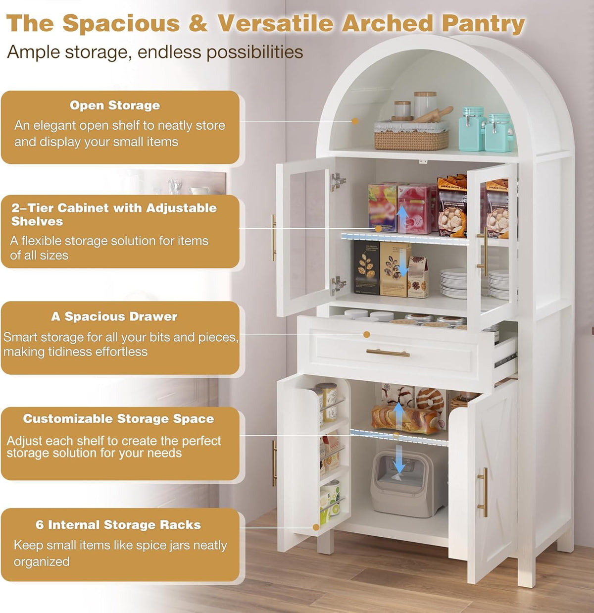 MERITLINE Farmhouse Style Arched Pantry Cabinet - 71" Tall Storage Cabinet with Glass Door, Adjustable Shelves & Barn Door Design for Kitchen, Dining or Living Room (White)