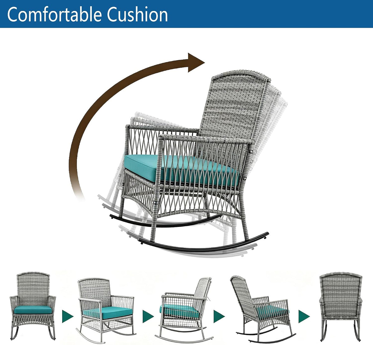DECMICO Outdoor Rattan Wicker Rocking Chair, 3 Pieces Patio Conversation Furniture Bistro Sets with Side Table and Cushions for Porch Garden and Balcony
