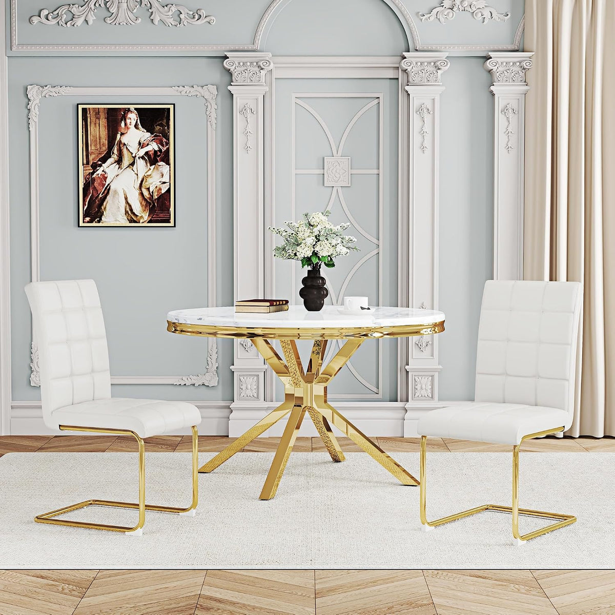 Modern Dining Chairs Set of 8, White PU Leather Chairs with Pull Ring Backrest and Gold Stainless Steel Legs, Easy-to-Assemble Kitchen Chairs for Dining Room, Living Room, or Bedroom