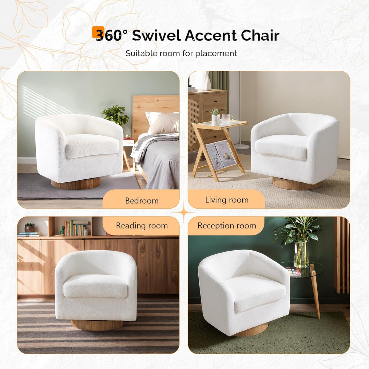 VINGLI 360°Swivel Accent Chair with Engineered Wood Base and Removable Cushion for Living Room, Bedroom, Curved Back Barrel Chair for Small Space, Upholstered Bucket Armchair, Teddy White