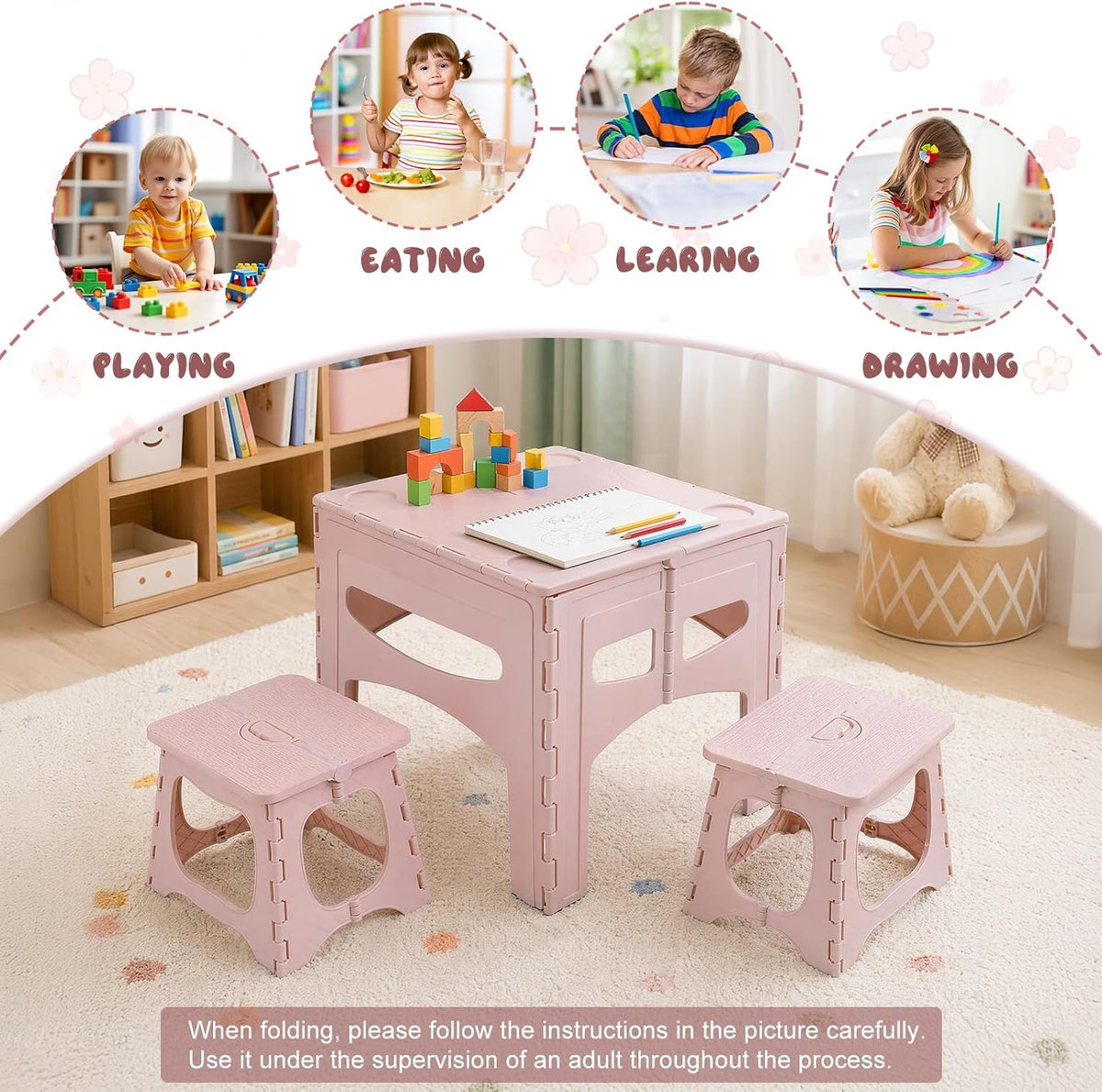 Kids Folding Table and Chairs Set, Portable Activity Desk with 2 Seats for Toddlers, Durable Plastic Picnic Furniture for Indoor Outdoor Learning Play, Easy Storage Light Pink