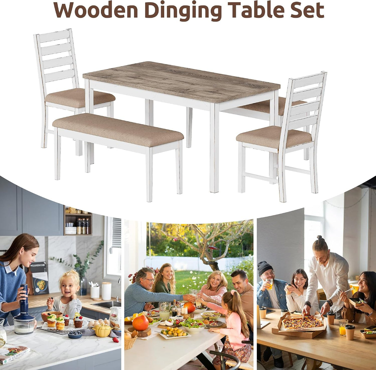 59" Farmhouse Dining Table Set for 6, White Rectangular Wood Table with Upholstered Chairs & Bench for Kitchen or Dining Room (2chiars&2bench)