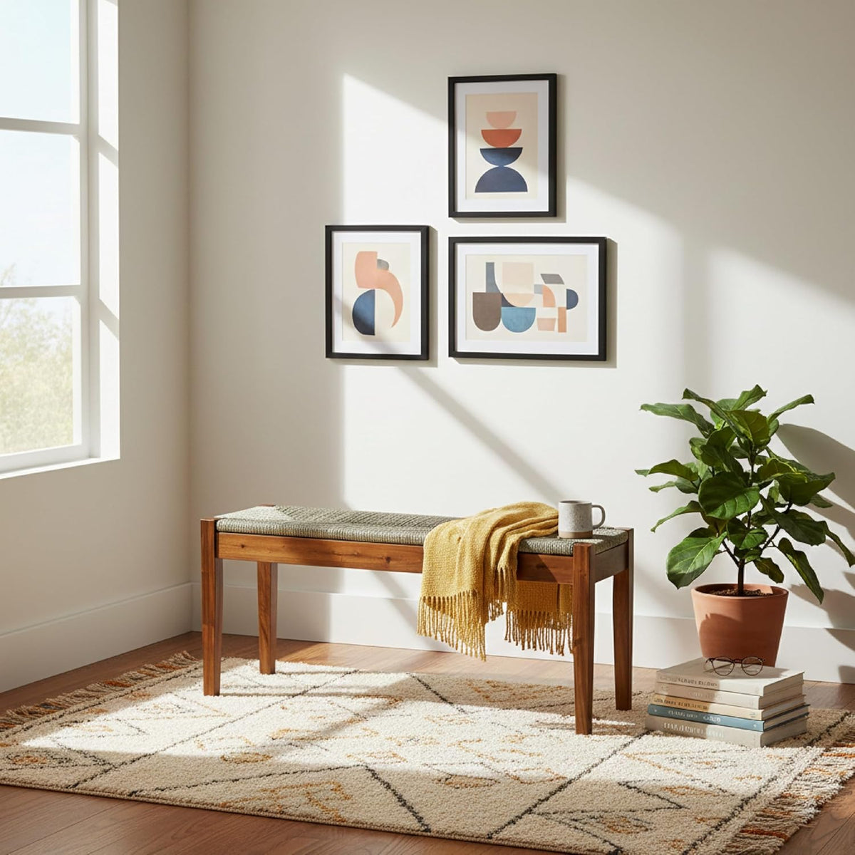 Solid Wood Acacia Indoor Bench with Natural Woven Seat, 45 Inch Wood Bench for Living Room or Entryway, Bedroom End of Bed Bench or Dining Benches, Window Bench